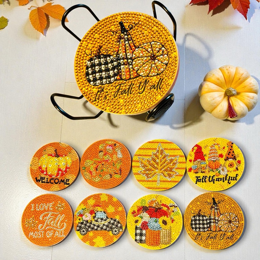 Fall Y'all Coaster Set 8 Hand Crafted & Sealed Diamond Art 4”